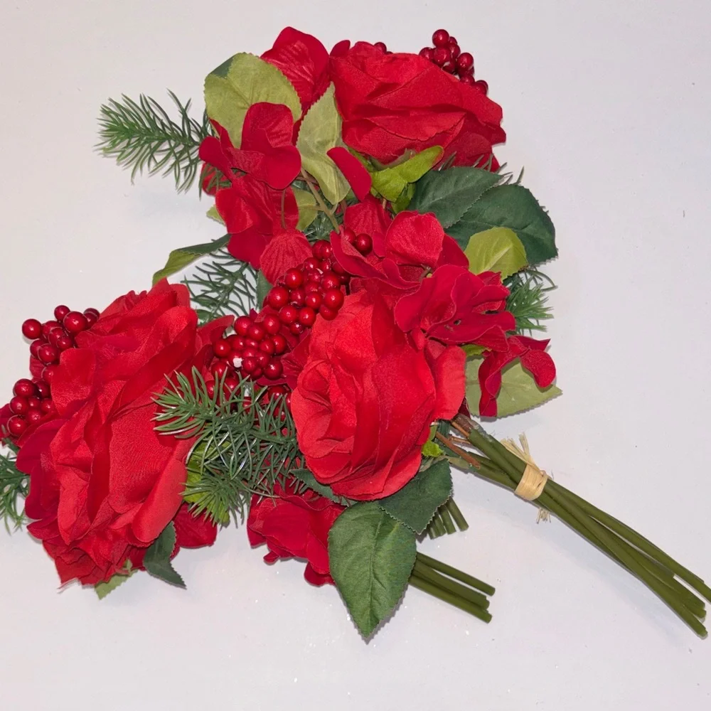 Red Rose Bouquet with Greenery Christmas Bouqet Bridal Bouquet Holiday Red Berry